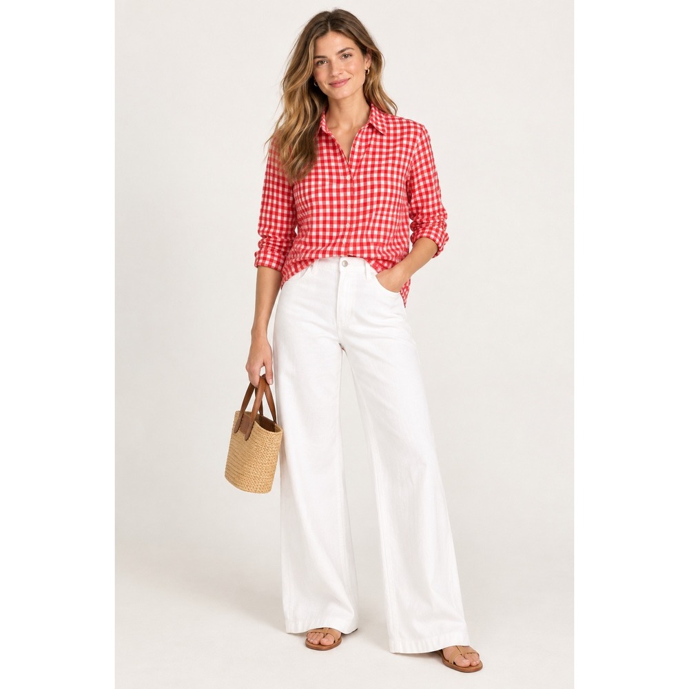 J Crew Womens XL Red White Gingham Check Button Down Shirt Long Sleeve Preppy